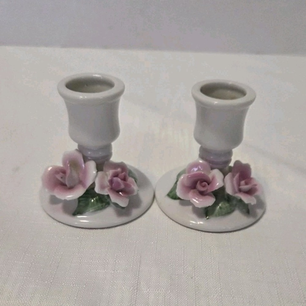 Hallmark Pair Ceramic Floral Taper Candle Holders, vintage cottagecore, Victoria